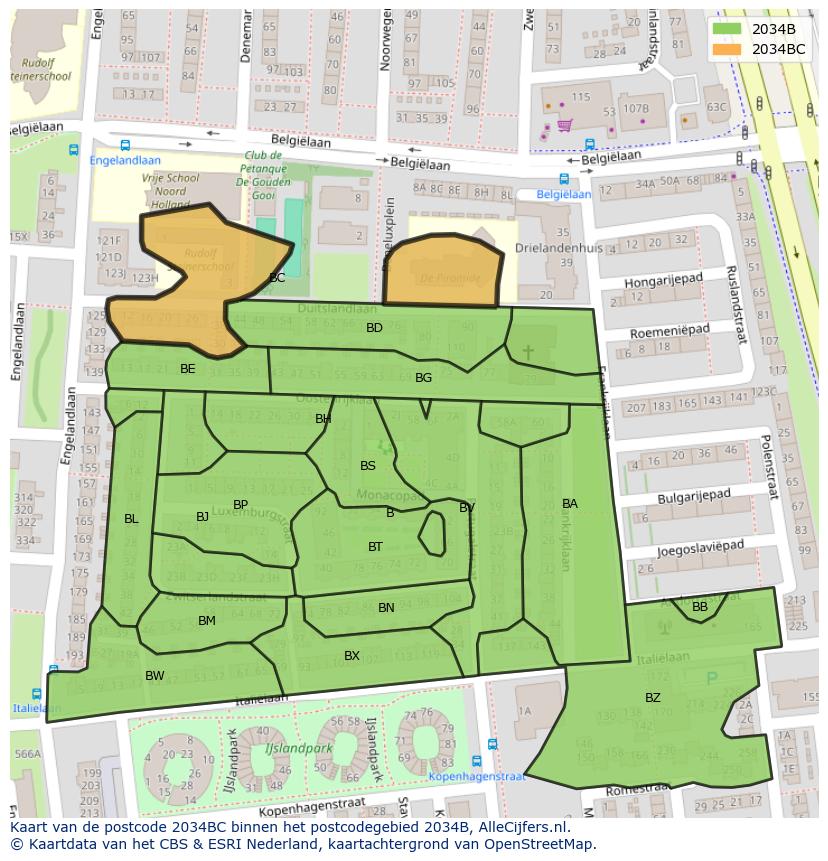 Afbeelding van het postcodegebied 2034 BC op de kaart.