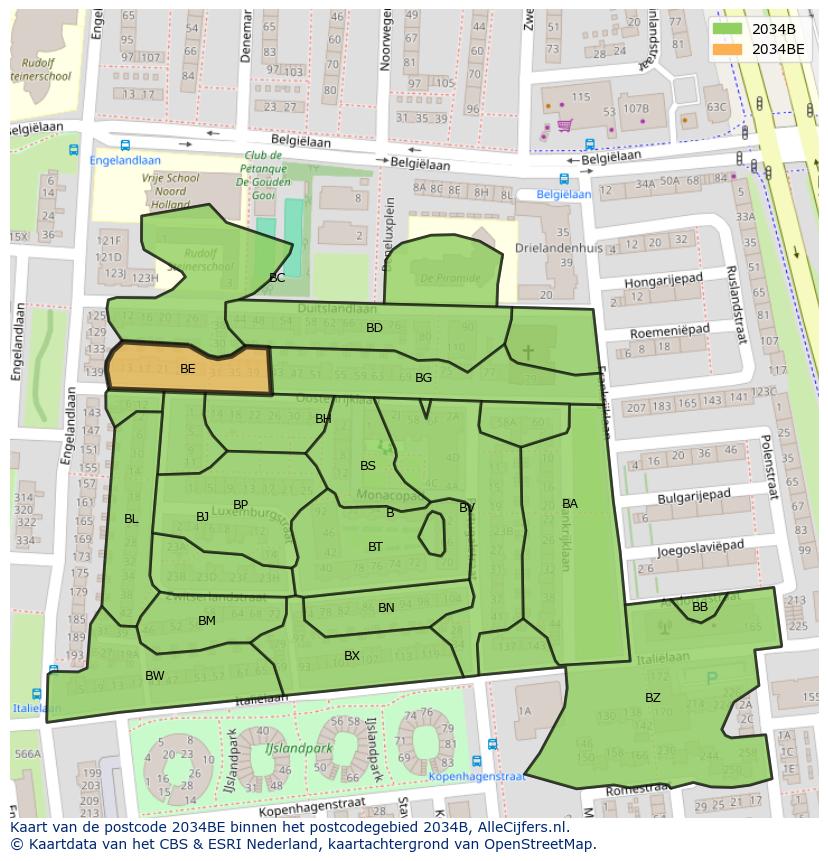 Afbeelding van het postcodegebied 2034 BE op de kaart.