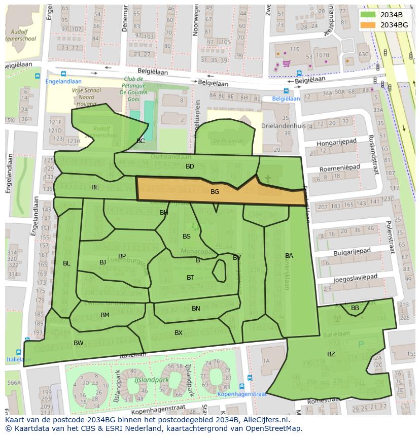 Afbeelding van het postcodegebied 2034 BG op de kaart.