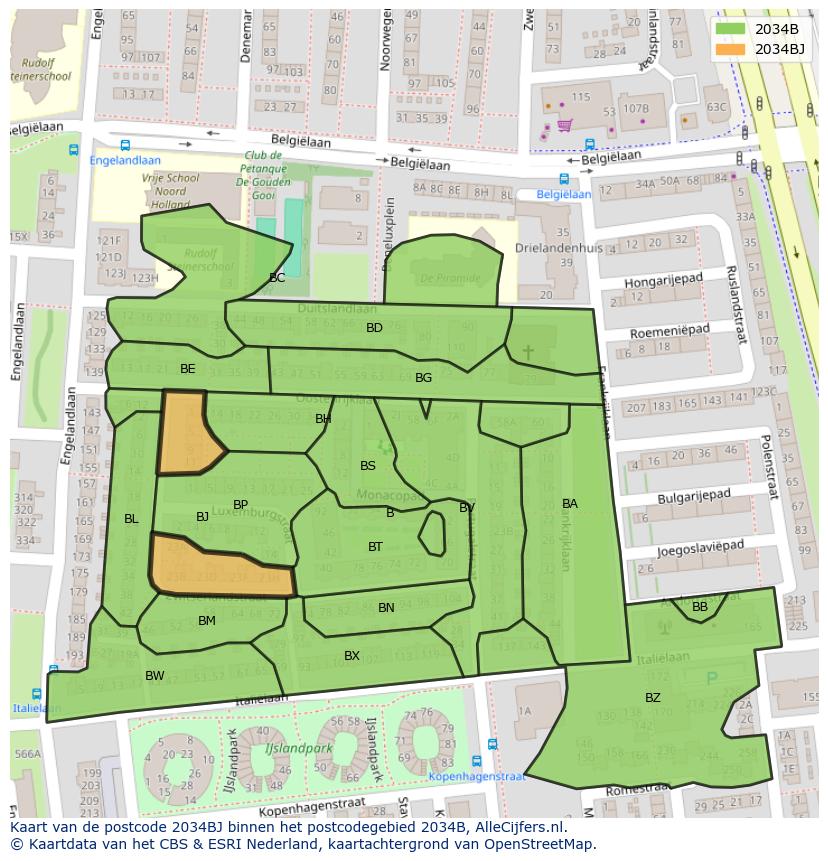 Afbeelding van het postcodegebied 2034 BJ op de kaart.
