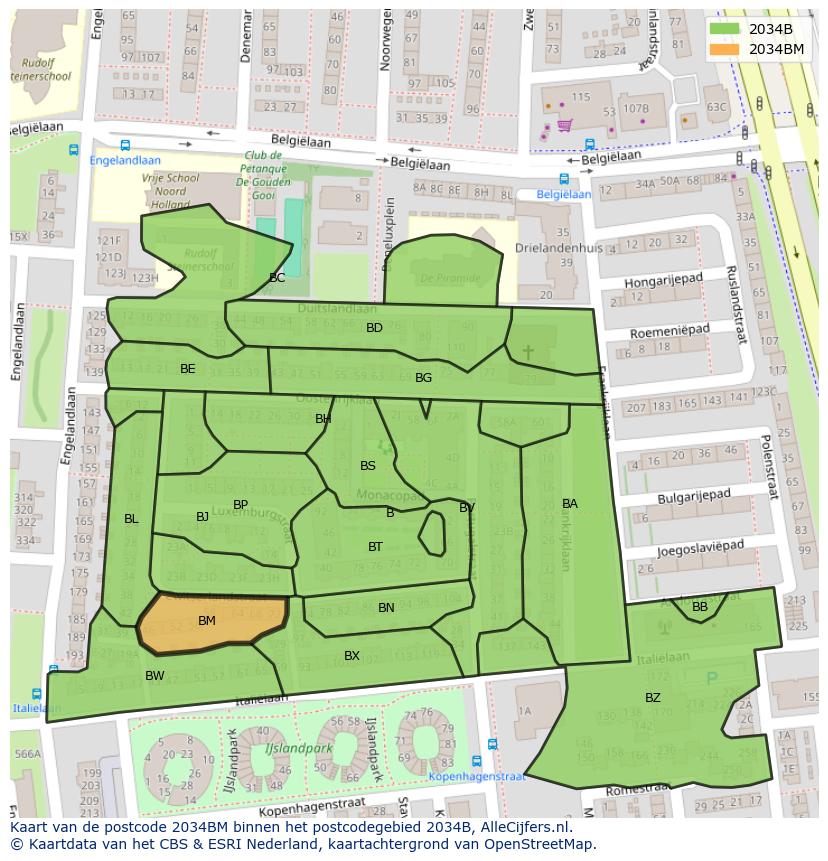 Afbeelding van het postcodegebied 2034 BM op de kaart.