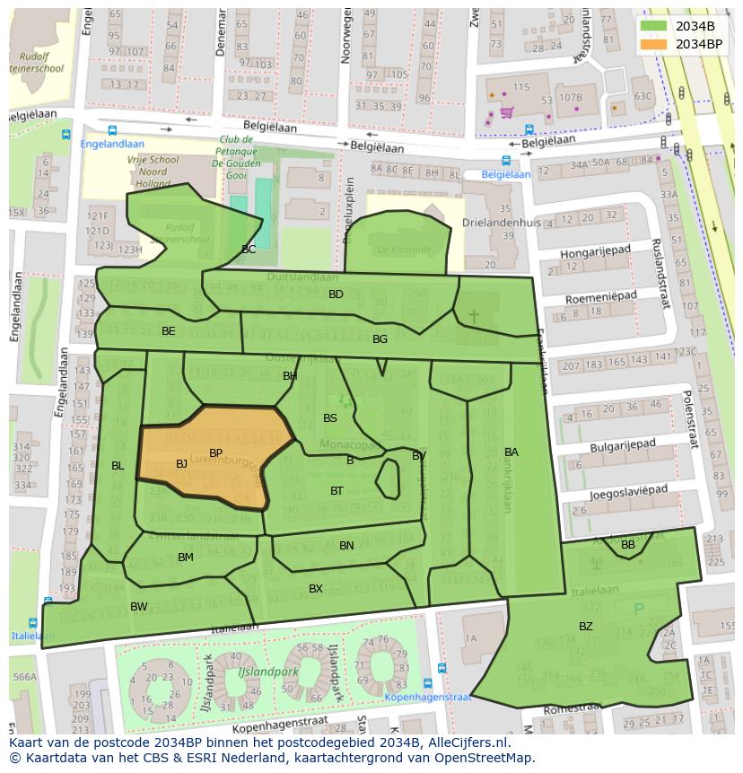 Afbeelding van het postcodegebied 2034 BP op de kaart.