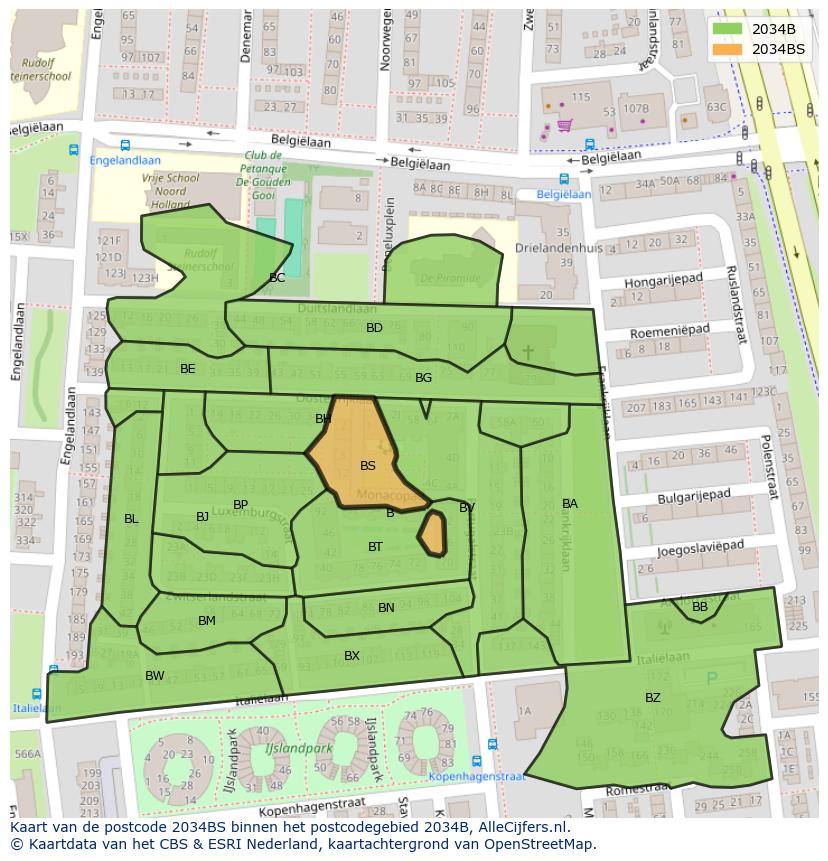 Afbeelding van het postcodegebied 2034 BS op de kaart.