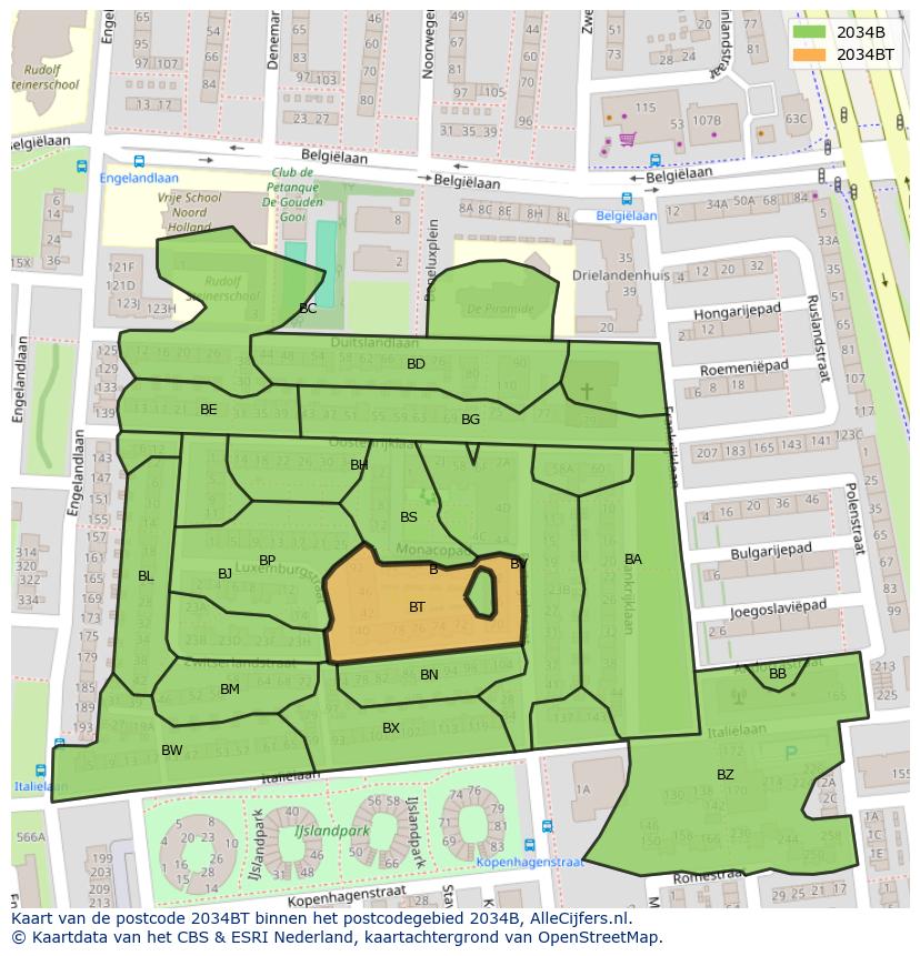 Afbeelding van het postcodegebied 2034 BT op de kaart.