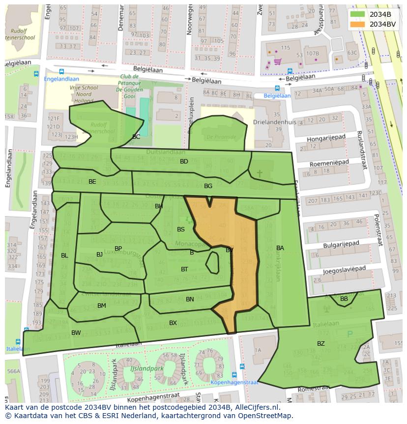 Afbeelding van het postcodegebied 2034 BV op de kaart.