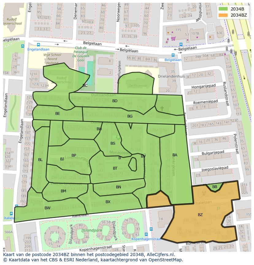 Afbeelding van het postcodegebied 2034 BZ op de kaart.