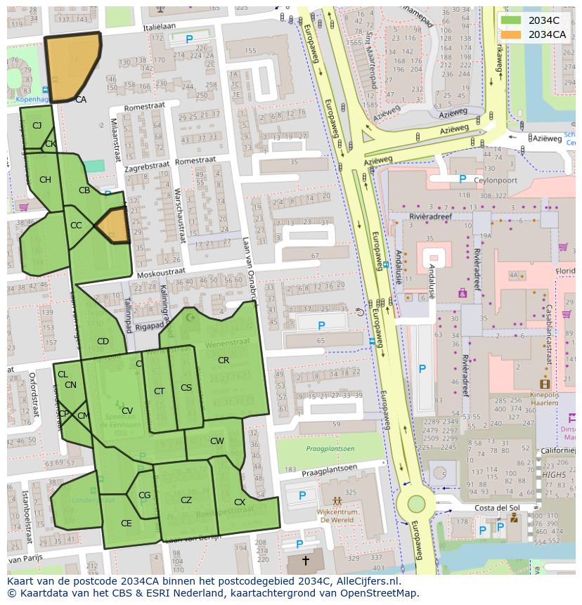 Afbeelding van het postcodegebied 2034 CA op de kaart.