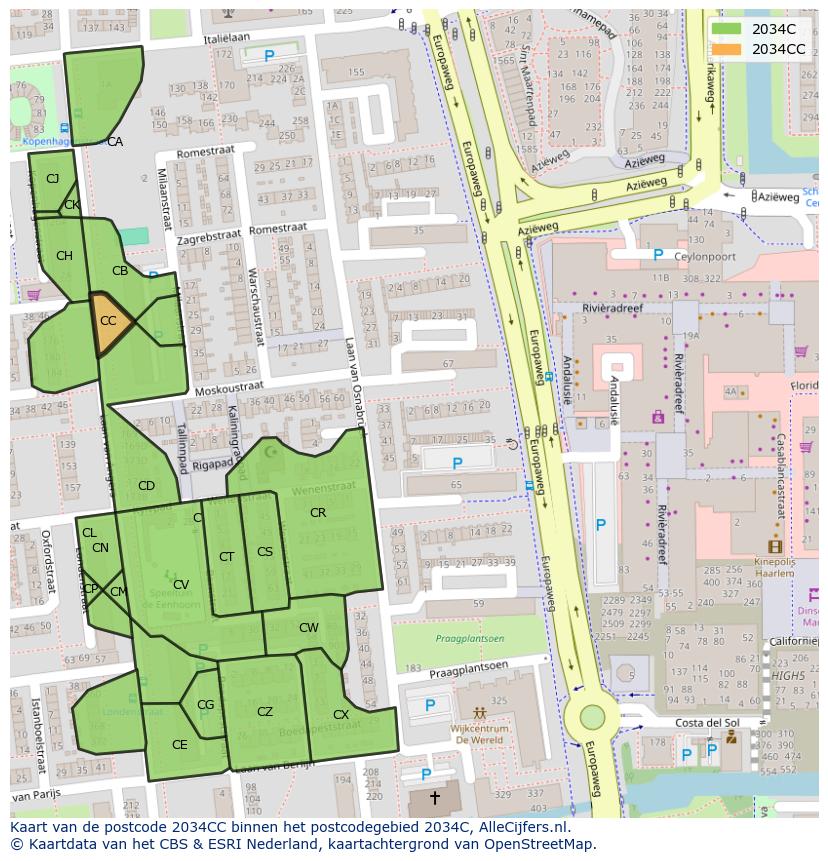 Afbeelding van het postcodegebied 2034 CC op de kaart.