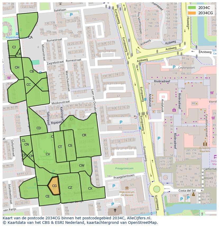 Afbeelding van het postcodegebied 2034 CG op de kaart.