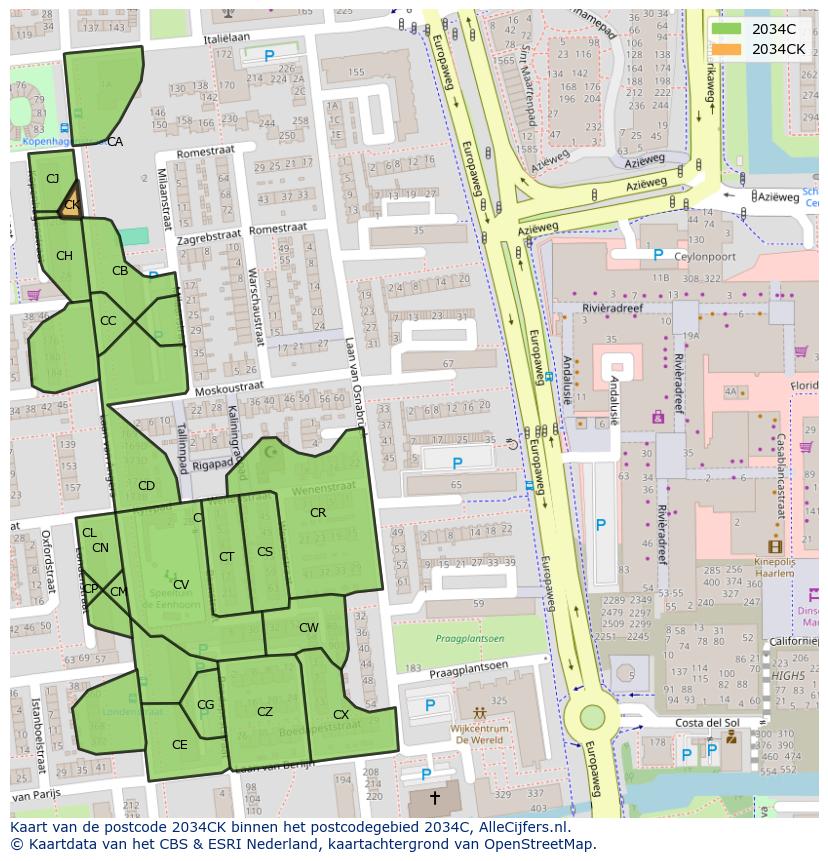 Afbeelding van het postcodegebied 2034 CK op de kaart.