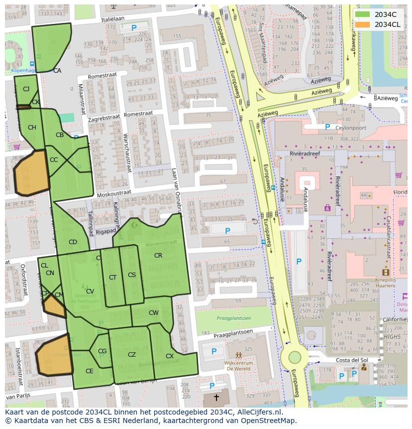 Afbeelding van het postcodegebied 2034 CL op de kaart.