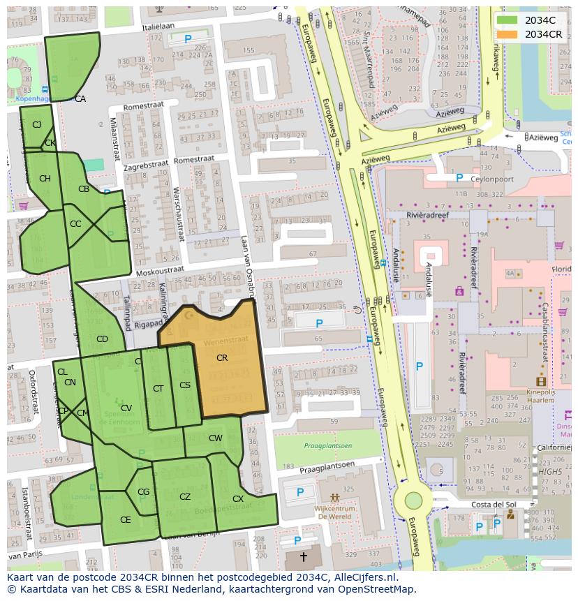Afbeelding van het postcodegebied 2034 CR op de kaart.