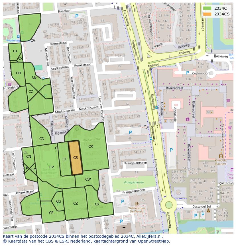 Afbeelding van het postcodegebied 2034 CS op de kaart.