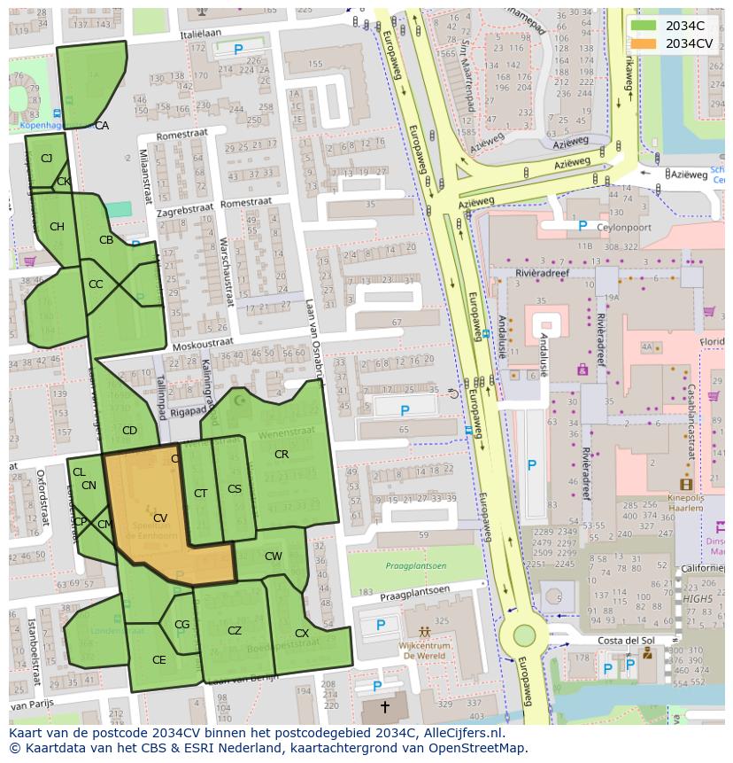 Afbeelding van het postcodegebied 2034 CV op de kaart.