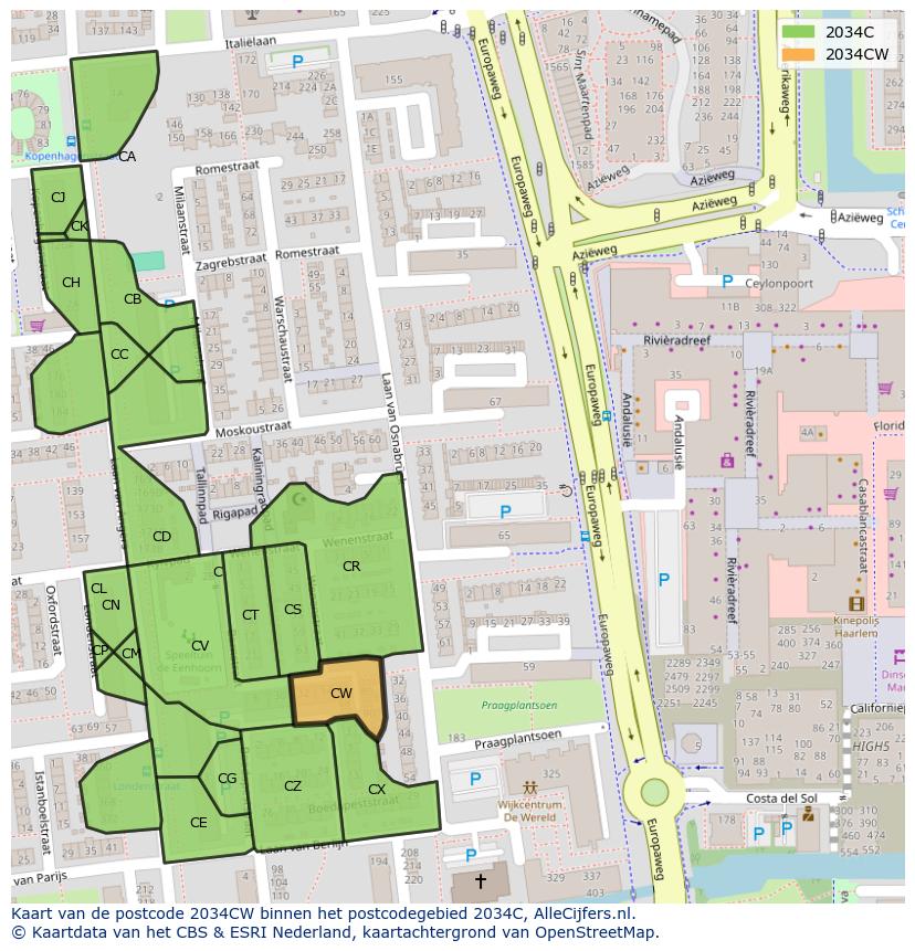Afbeelding van het postcodegebied 2034 CW op de kaart.
