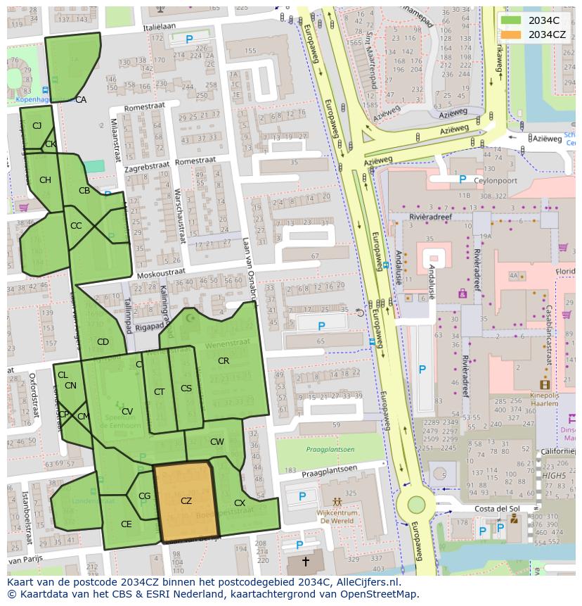 Afbeelding van het postcodegebied 2034 CZ op de kaart.
