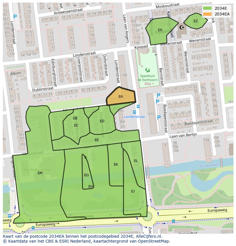 Afbeelding van het postcodegebied 2034 EA op de kaart.