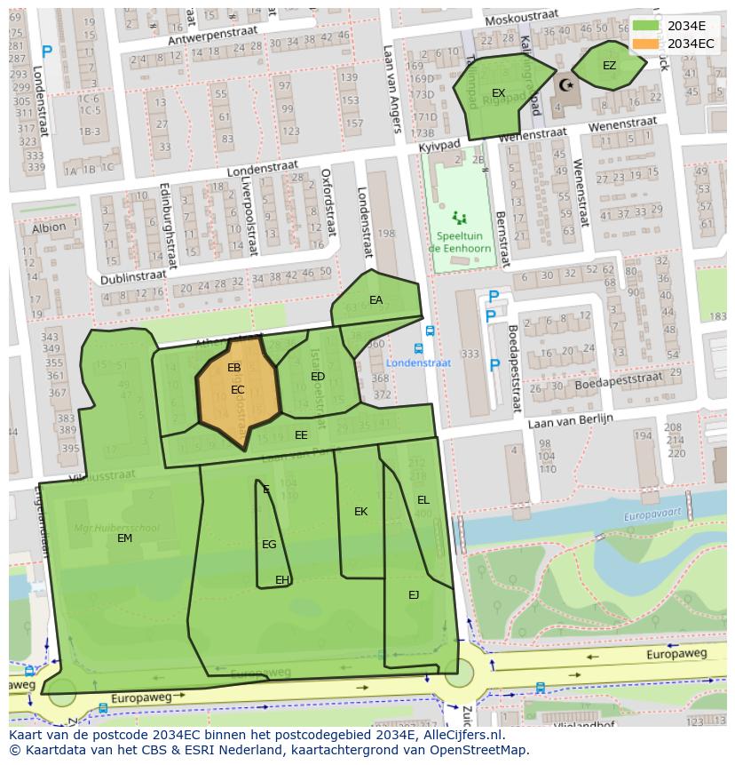 Afbeelding van het postcodegebied 2034 EC op de kaart.