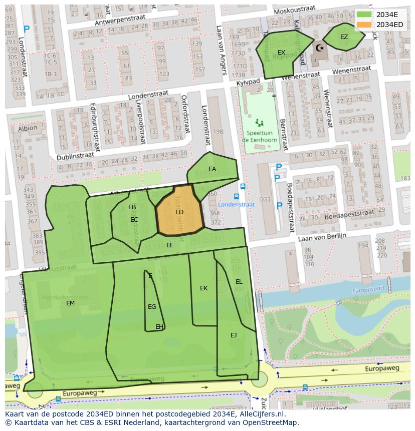 Afbeelding van het postcodegebied 2034 ED op de kaart.
