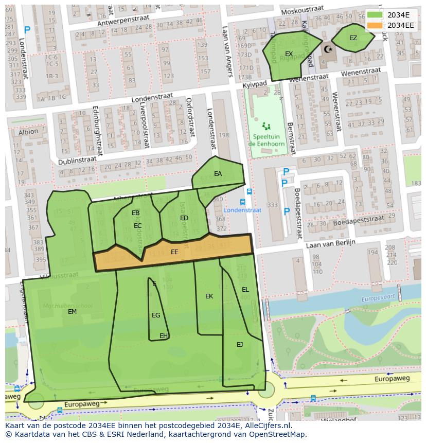 Afbeelding van het postcodegebied 2034 EE op de kaart.