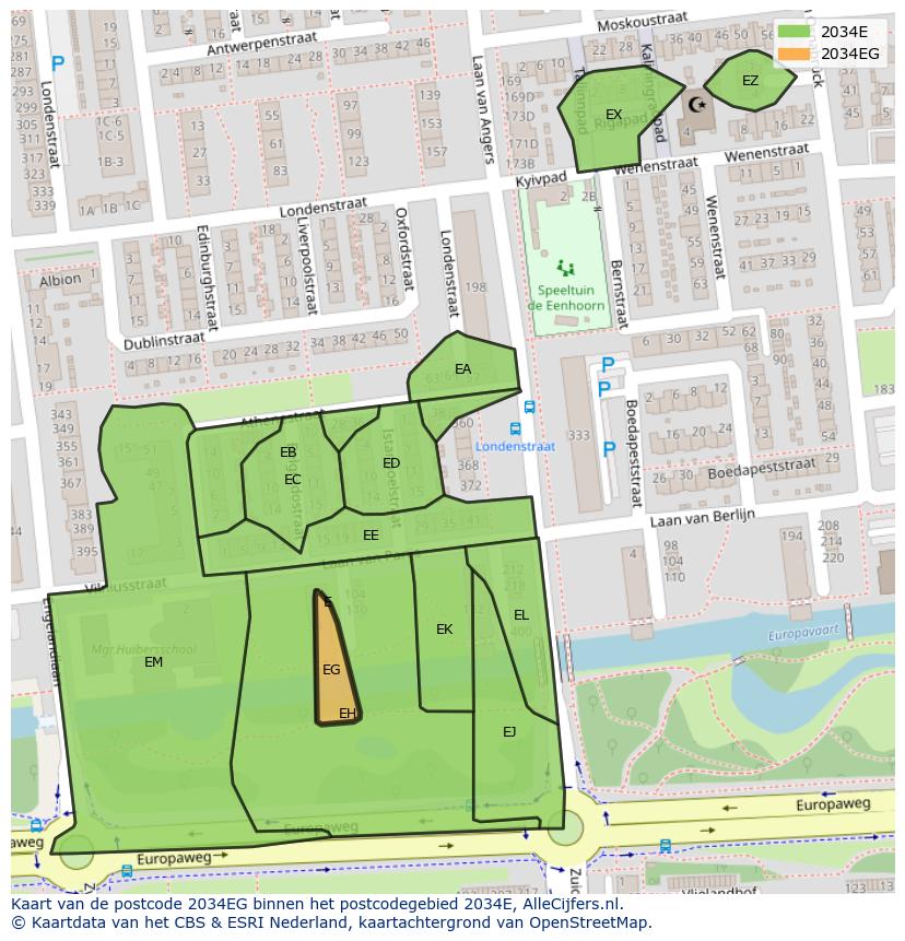 Afbeelding van het postcodegebied 2034 EG op de kaart.
