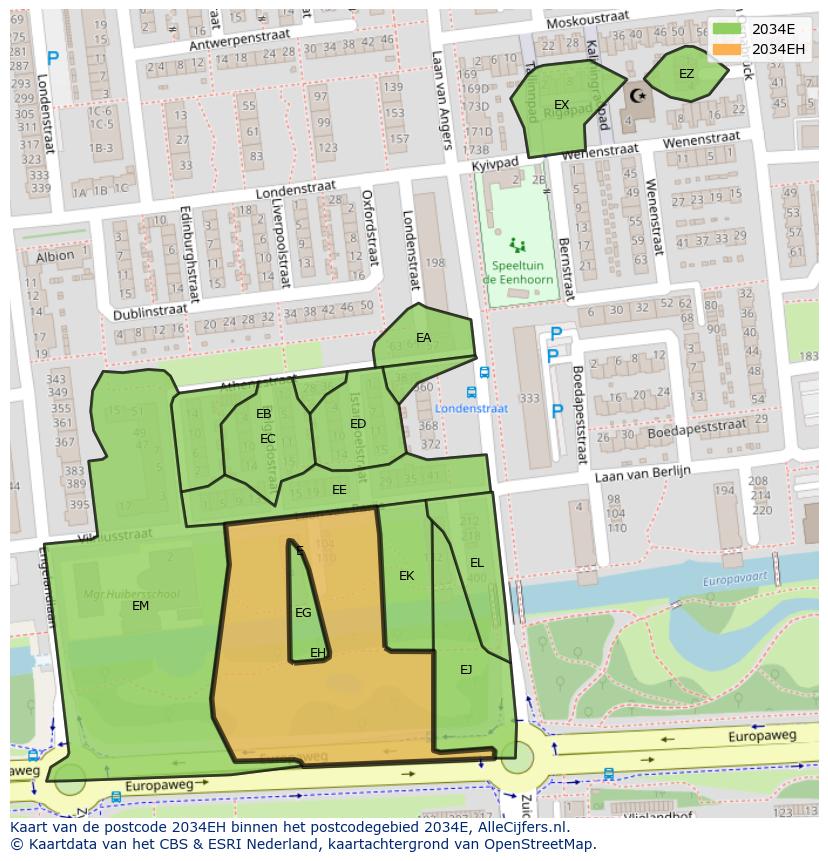Afbeelding van het postcodegebied 2034 EH op de kaart.
