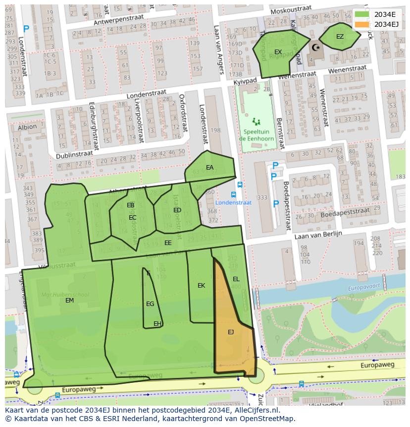 Afbeelding van het postcodegebied 2034 EJ op de kaart.