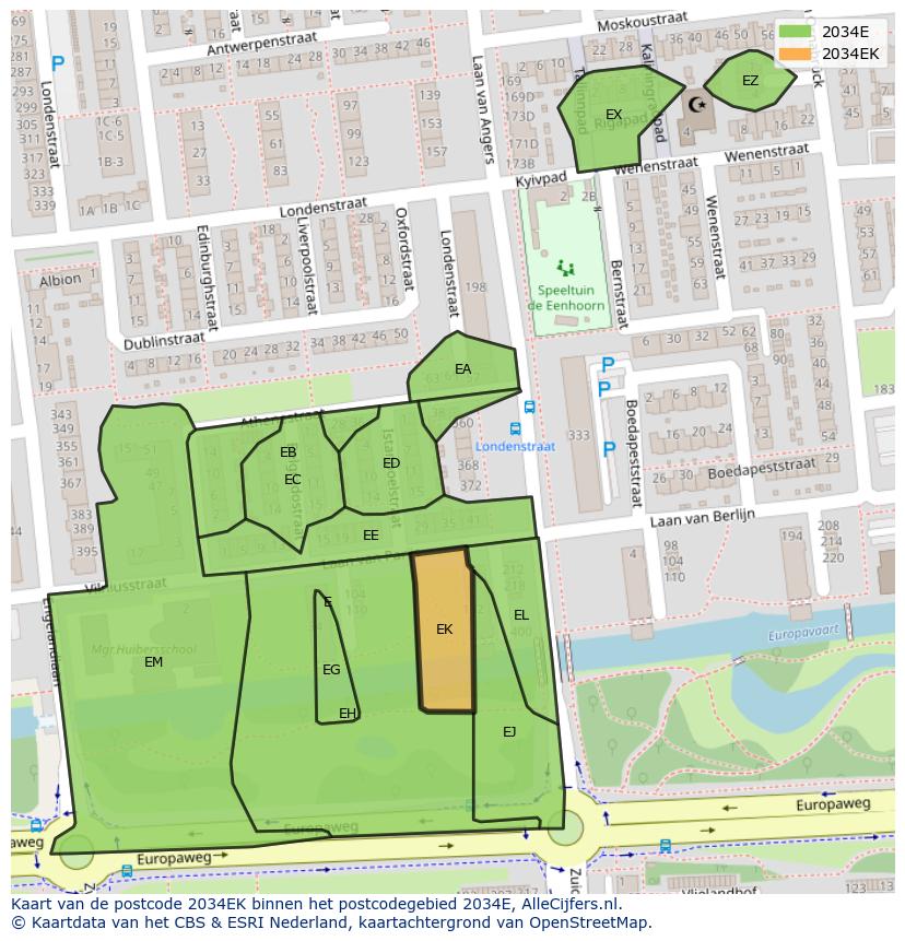 Afbeelding van het postcodegebied 2034 EK op de kaart.