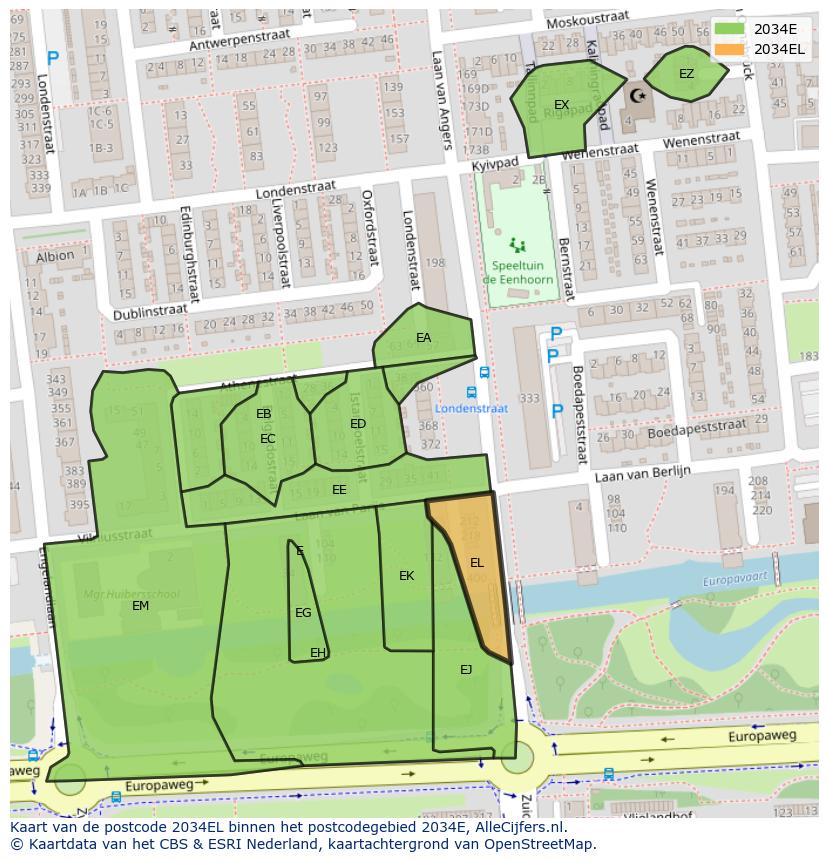 Afbeelding van het postcodegebied 2034 EL op de kaart.