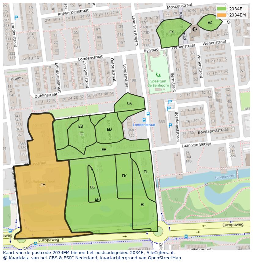 Afbeelding van het postcodegebied 2034 EM op de kaart.