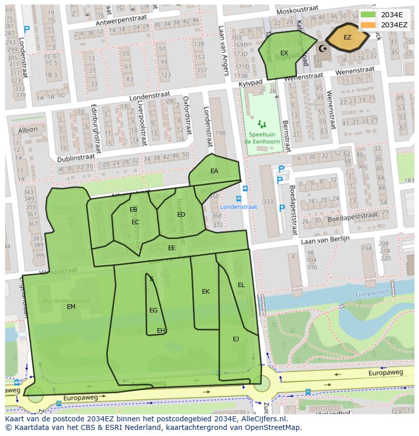 Afbeelding van het postcodegebied 2034 EZ op de kaart.