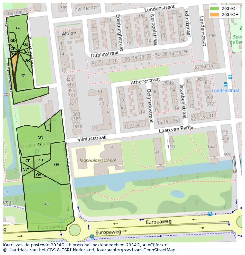 Afbeelding van het postcodegebied 2034 GH op de kaart.