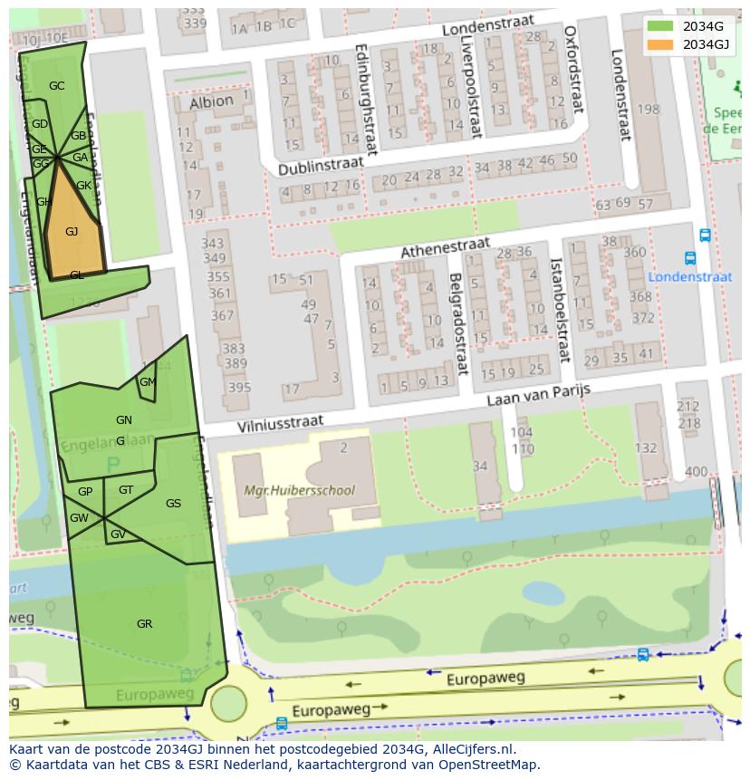 Afbeelding van het postcodegebied 2034 GJ op de kaart.