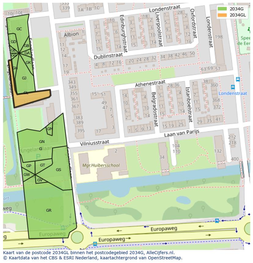Afbeelding van het postcodegebied 2034 GL op de kaart.