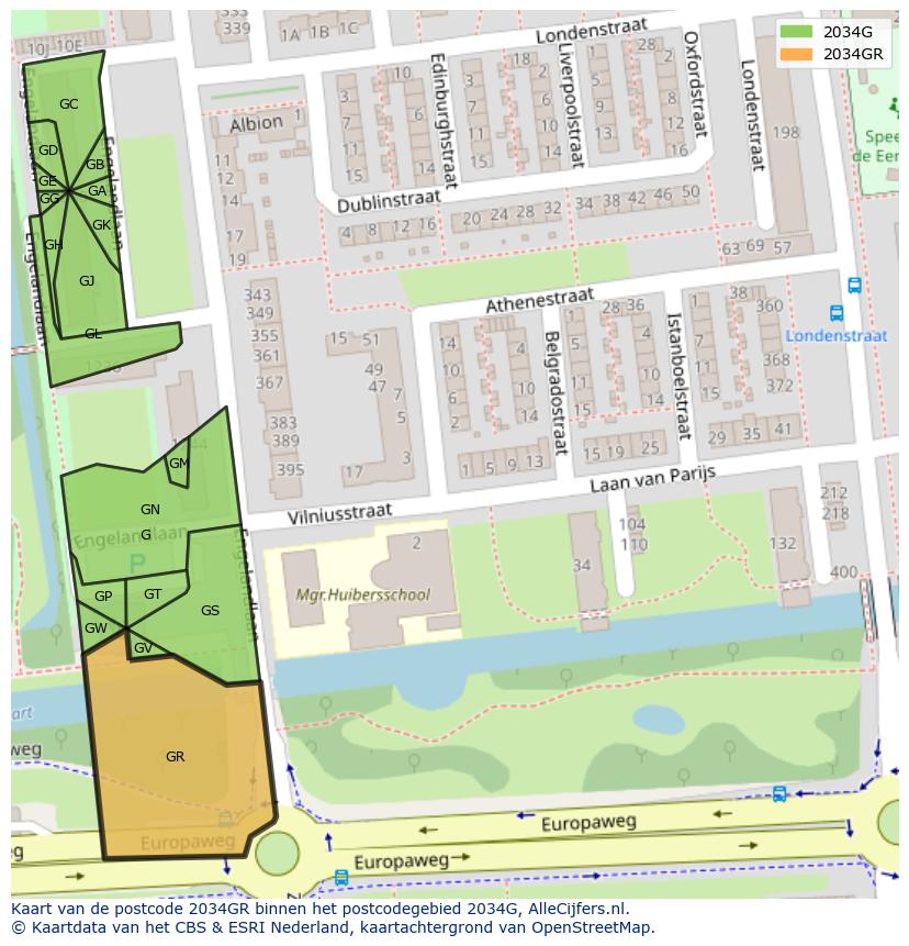Afbeelding van het postcodegebied 2034 GR op de kaart.