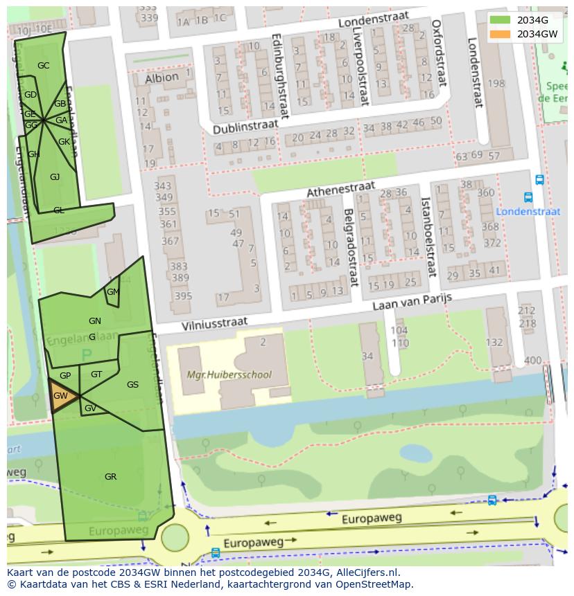 Afbeelding van het postcodegebied 2034 GW op de kaart.
