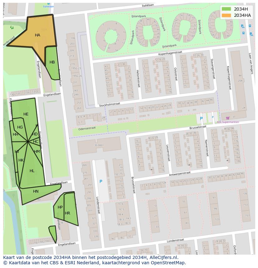 Afbeelding van het postcodegebied 2034 HA op de kaart.