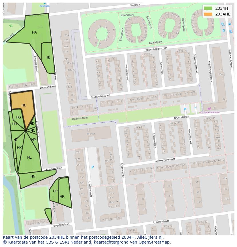 Afbeelding van het postcodegebied 2034 HE op de kaart.
