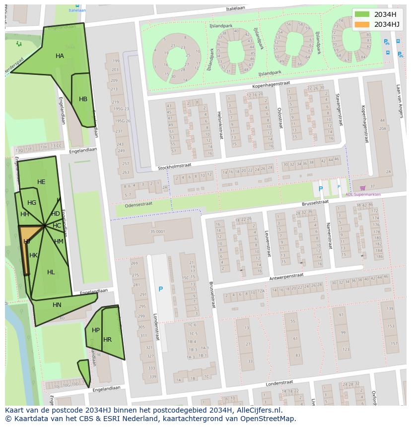Afbeelding van het postcodegebied 2034 HJ op de kaart.