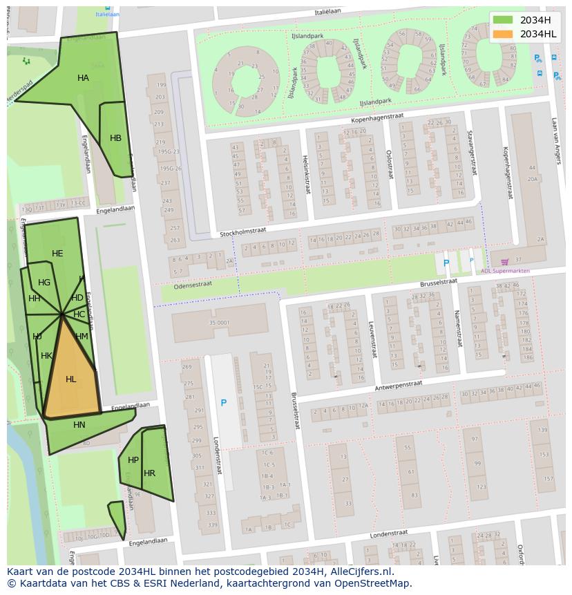 Afbeelding van het postcodegebied 2034 HL op de kaart.