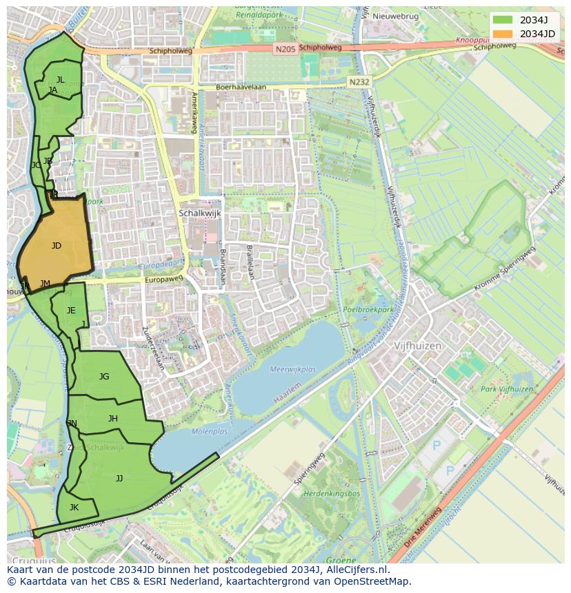 Afbeelding van het postcodegebied 2034 JD op de kaart.