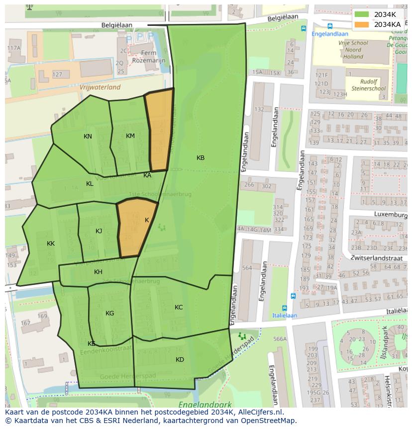 Afbeelding van het postcodegebied 2034 KA op de kaart.