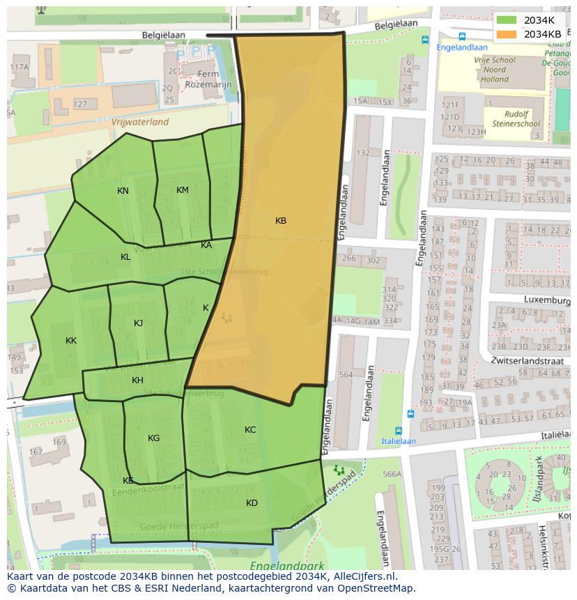 Afbeelding van het postcodegebied 2034 KB op de kaart.