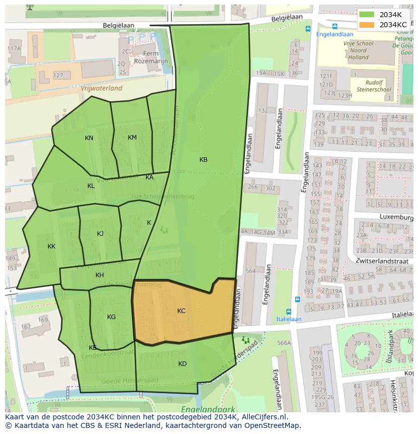 Afbeelding van het postcodegebied 2034 KC op de kaart.