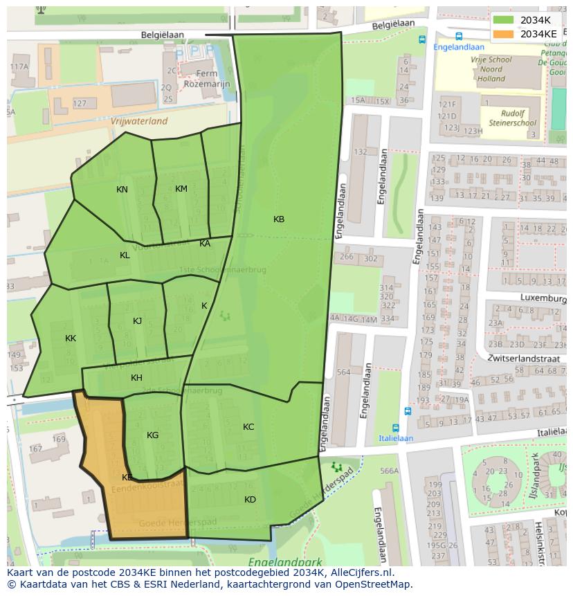 Afbeelding van het postcodegebied 2034 KE op de kaart.