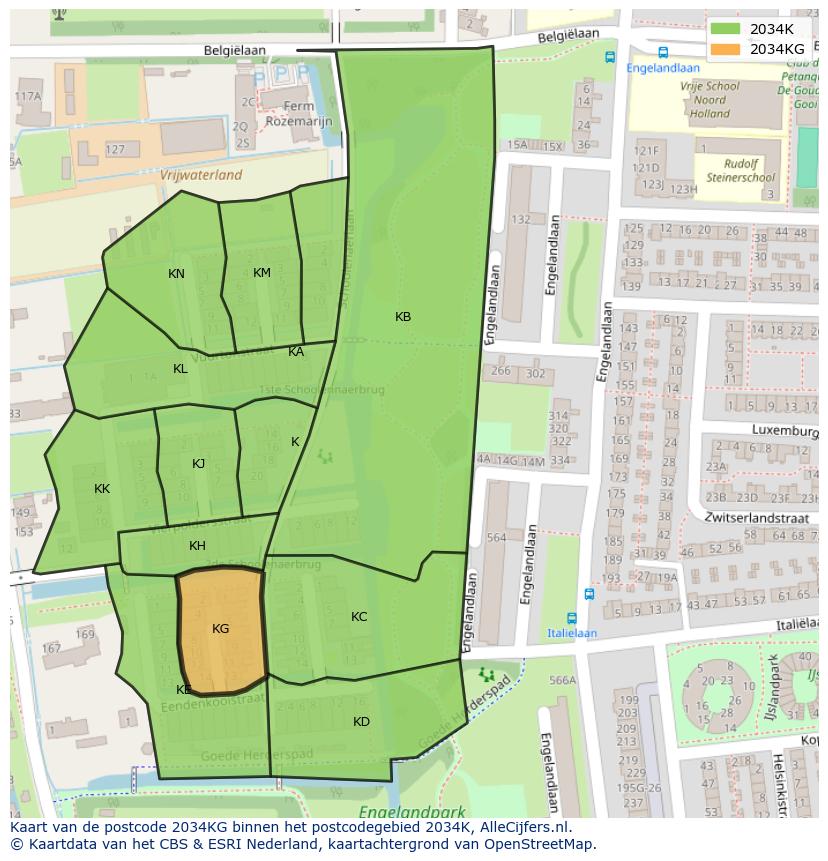 Afbeelding van het postcodegebied 2034 KG op de kaart.