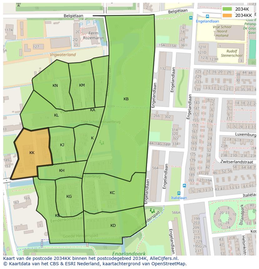 Afbeelding van het postcodegebied 2034 KK op de kaart.