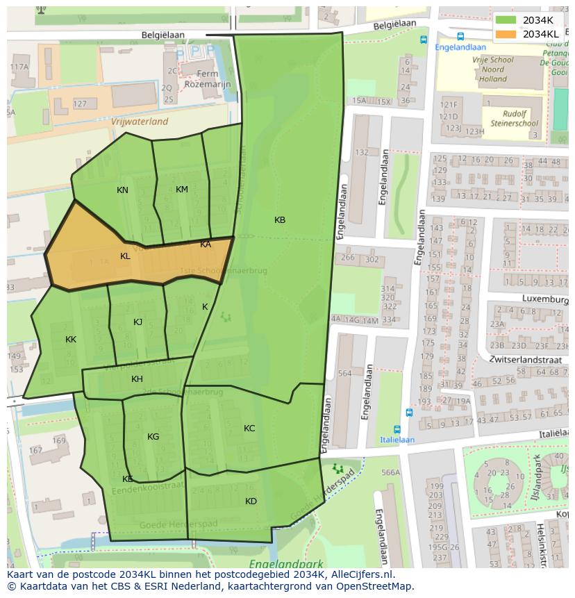 Afbeelding van het postcodegebied 2034 KL op de kaart.