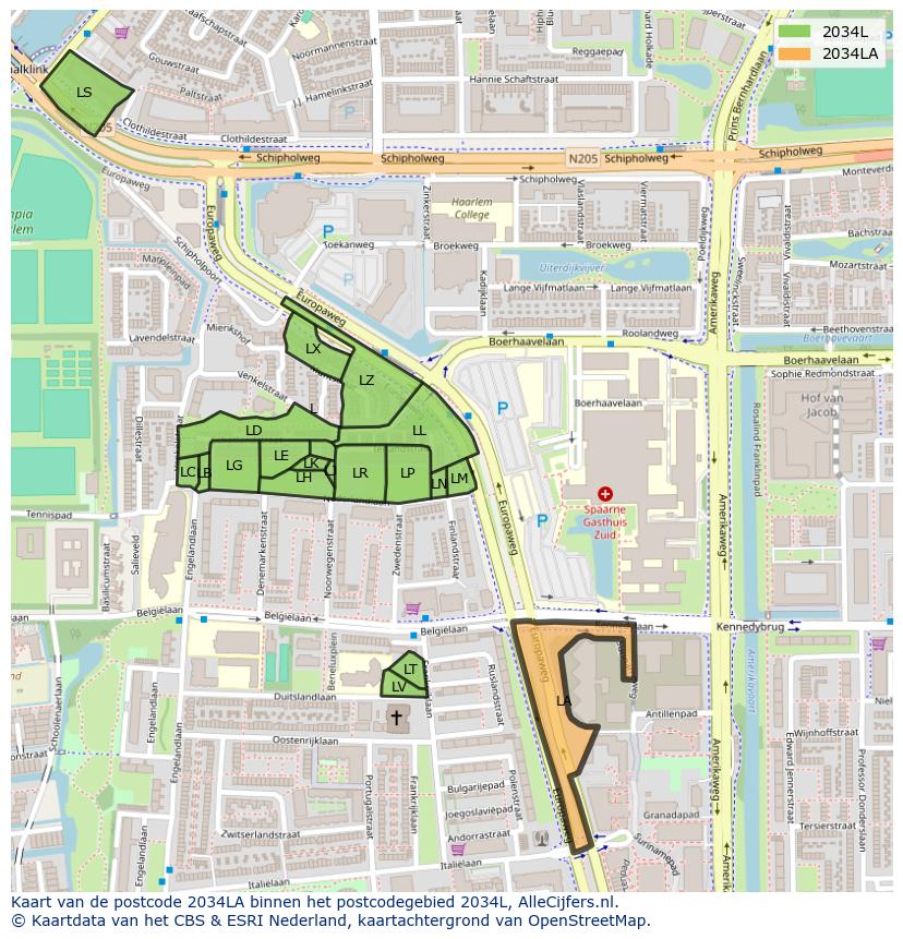 Afbeelding van het postcodegebied 2034 LA op de kaart.