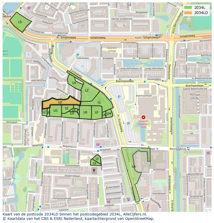 Afbeelding van het postcodegebied 2034 LD op de kaart.